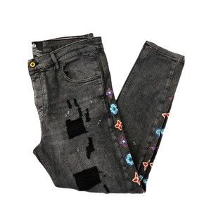 W.R Jeans Wear Black Stretch Flower Y2K 90s Embroidered Distressed Jeans 8